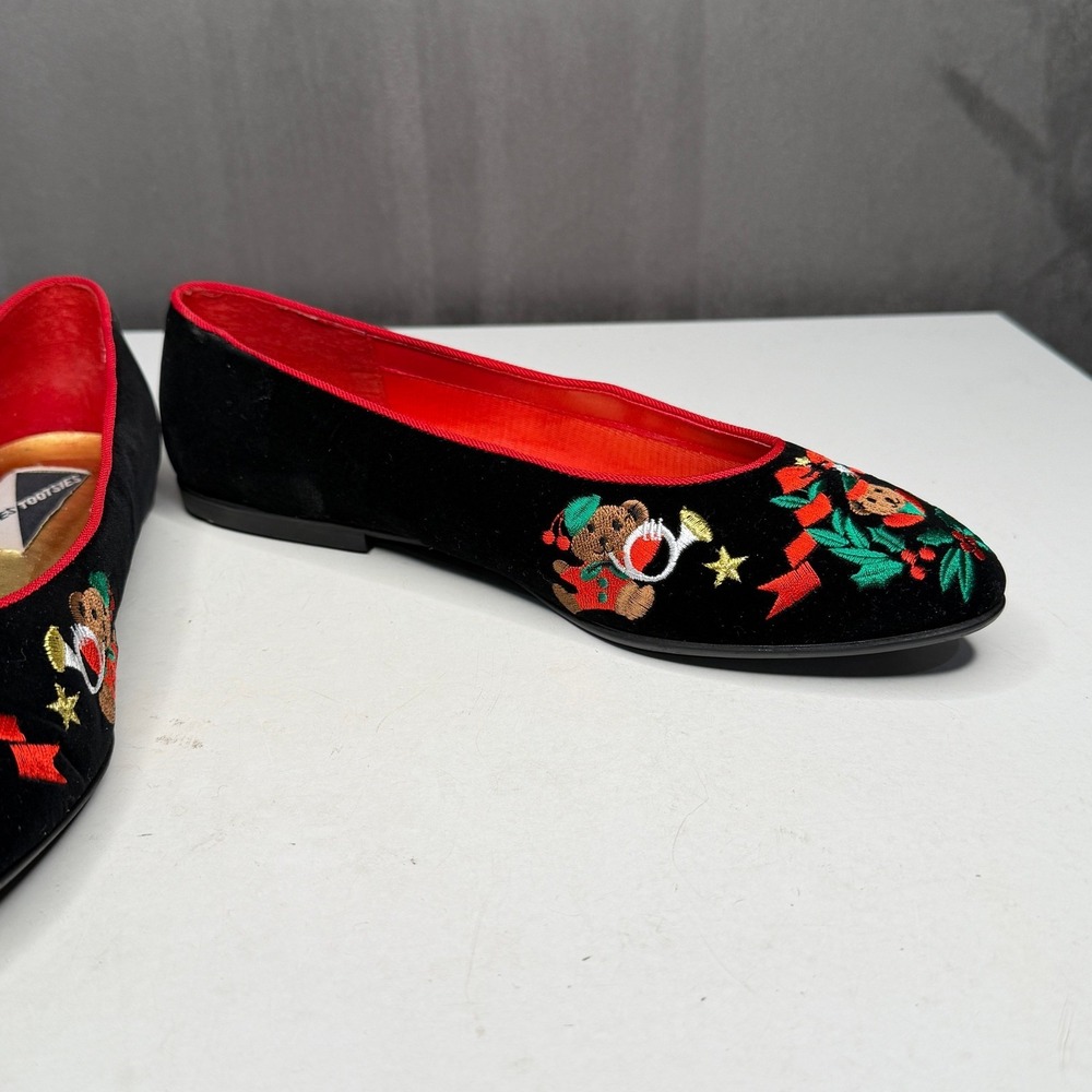 Vtg Mootsies Tootsies Ballet Flats Womens 8.5 Black Christmas Bear Embroidered - Picture 5 of 9